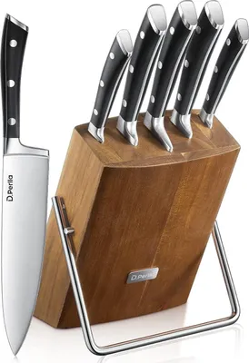 Produktbild von Famanu Messenset mit Holzblock - 6-teiliges Kochmesserset