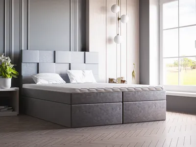 Produktbild von Boxspringbett mit Topper 140x200 Berg - Doppelbett, Polsterbett, Schlafzimmerbett - Bettkasten, Bonell-Matratze - Samtstoff (Hellgrau - Amor Velvet 4318)