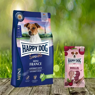 Produktbild von Happy Dog Supreme Mini France 4 kg + Happy Dog Dental Snacks Dental Rolls Mini *geschenkt*