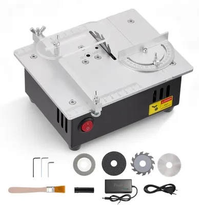 Imagen del producto de Mini sierra circular de mesa de 100 W - 7 velocidades, control de potencia - Ángulo de corte ajustable a 54 grados - Ideal para trabajos de carpintería y modelismo