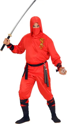 A person dressed in a red ninja costume holding a sword.