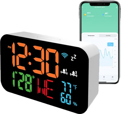 Obrázek produktu pro Tuya WiFi teploměr vlhkoměr, LED digitální vnitřní, hodiny s kalendářem, APP dálkové zobrazení, upozornění na vysokou teplotu, 4 jasy, pro domácí kancelář školu sklad