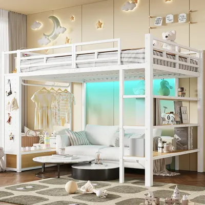 Immagine prodotto di Letto a castello Merax in metallo 140x200 cm, letto per bambini con armadio aperto, ripiani, letto a castello con pannello forato e illuminazione a LED, bianco