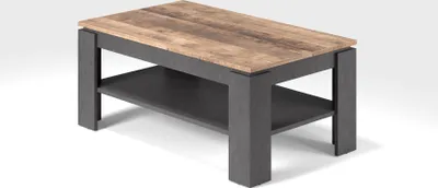 A modern coffee table with a wood-look top and gray base, shown in a studio setting.