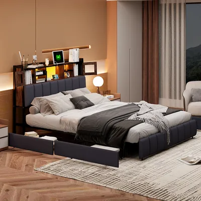 Immagine prodotto di CDGlobal letto imbottito 140x200cm con USB e prese, letto per ragazzi letto matrimoniale con 4 cassetti, letto contenitore letto in legno massiccio con LED/tipo C e rete a doghe, lino, nero