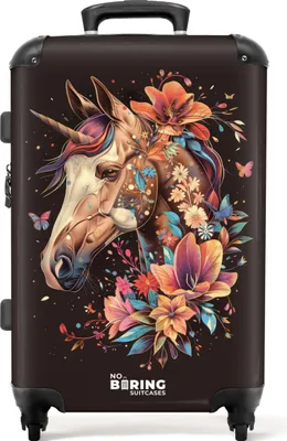 Produktbild von NoBoringSuitcases.com® Großer Koffer - Einhorn und Blumen auf schwarzem Hintergrund - Kombinationsschloss TSA - Hartschalen Trolley 4 Rollen - 72 liter - Reisekoffer - 66 cmKoffer Mittelgroß 67x43x25 cm, 72L,