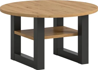 A round coffee table with a wooden top and dark gray legs and a shelf.