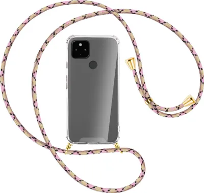 Produktbild von Handykette Backcover-Schutzhülle mit Band (Metall goldfarben) für Google Pixel 4a 5G - rosa Karo