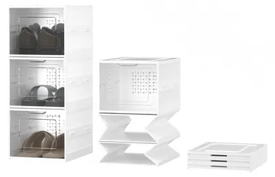 Produktbild von Faltbare Schuhboxen 3er Set, Stapelbar, Transparente Klapptür, Weiß, bis Größe 46