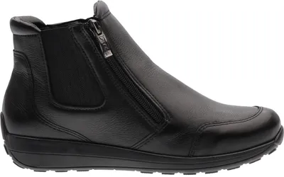 A side view of a black leather boot.