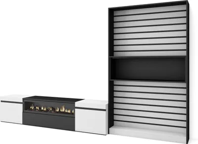 Produktbild von Wohnwand Wohnzimmer, 310x35x186cm, Für TV-Geräte bis zu 80", Elektrokamin. Weiß und Schwarz