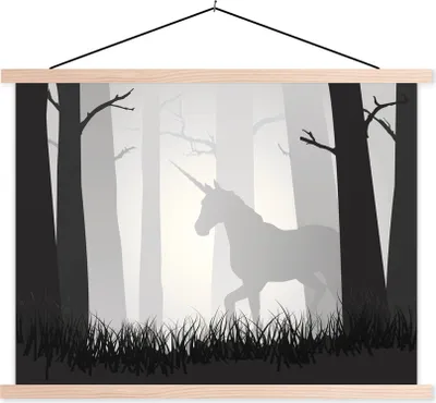 Produktbild von MuchoWow® Textilposter Eine Illustration eines Einhorns in einem nebligen Wald - Mädchen - Kind - Kinder 60x45 cm mit holzfarbenen Rahmen - Bild