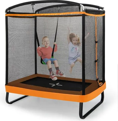 Produktbild von KOMFOTTEU Kindertrampolin mit Schaukel, rechteckiges Trampolin mit Sicherheitsnetz, Kinder Gartentrampoline 190x122x210cm