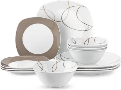 A collection of white ceramic dinnerware with a brown and gold abstract swirl pattern, arranged on a white background.
