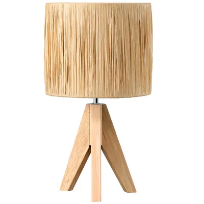 A table lamp with a wooden tripod base and a textured raffia lampshade.