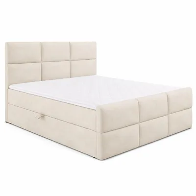 Zdjęcie produktu dla Kontynentalne łóżko BELLA, wymiary 200 x 200 x 108 cm, obite tkaniną MANILA w kolorze beżowym, z pojemnikiem na pościel i materacem topper, w zestawie