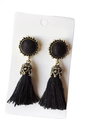 Produktbild von Vintage Damen Ohrstecker mit Quaste und Fransen, rund, Statement-Schmuck-Schwarz
