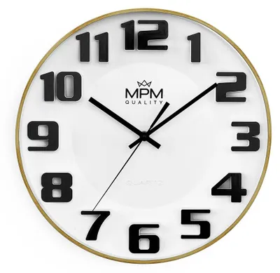 Obrázek produktu pro MPM-Quality Ageless – Nástěnné kulaté hodiny plastové se sklem, tichý plynulý chod, bílo-černé, průměr 33.4 cm, 3D arabské číslice