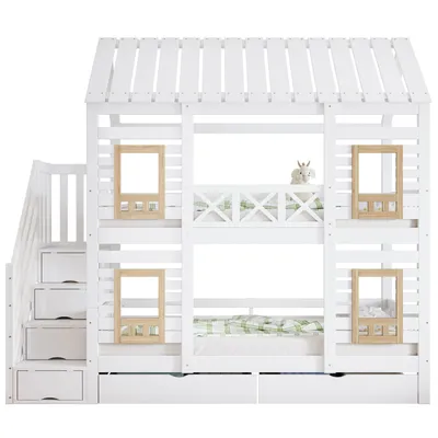 A white bunk bed with a house-like roof and stairs with drawers.