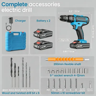 Image de Perceuse-visseuse à batterie - Couple : 32 Nm - Tension : 21 V - 2 batteries - Vitesse : 1 350 tr/min - Moteur à balais - Coffret d'outils