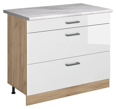 Zdjęcie produktu dla Szafka dolna do kuchni Vicco R-Line Biały wysoki połysk/Dąb goldkraft 100 cm blat roboczy Marmur, Model 71654