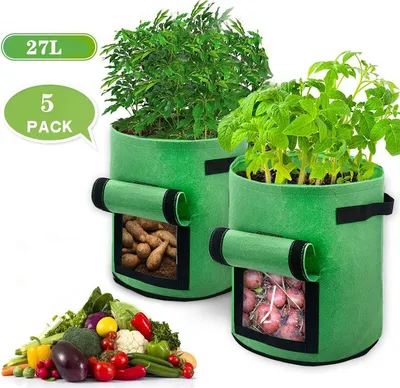 Immagine prodotto di Wolketon Sacco per piante 5 pezzi Nero/Verde con finestra Manici per il trasporto Patate 27L