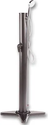 A dark gray, freestanding outdoor shower with a star-shaped base and a shower head attached to a flexible hose.
