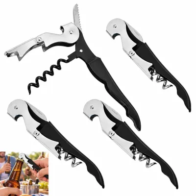 Productafbeelding van 3-in-1 kurkentrekker - roestvrij staal - flesopener en dopopener - 4 stuks - zilver