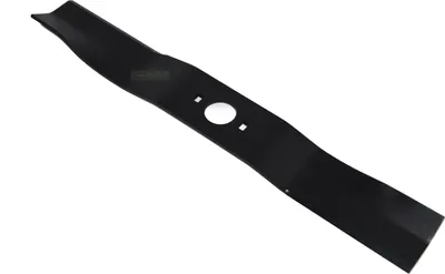 A black lawnmower blade is shown against a white background.