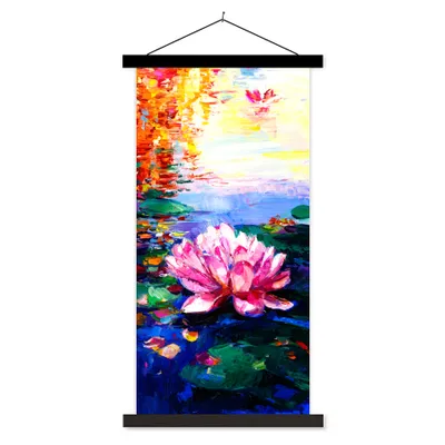 Produktbild von MuchoWow® Textilposter Gemälde - Öl - Seerose - Wasser 60x120 cm mit schwarzem Rahmen - Magnete
