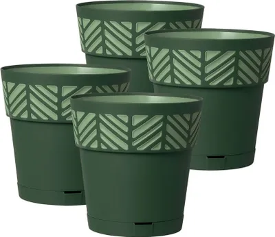 Four green plant pots are arranged in a staggered formation against a white background.