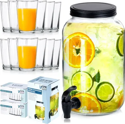 Produktbild von Vilde Getränkespender mit Zapfhan Glasspender mit Getränkehahn aus Glas 3,2 L + Trinkgläser 12 Stk. 200 ml