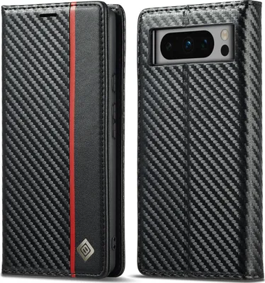 Produktbild von Hülle für Google Pixel 8 Pro Kohlefaser Leder Brieftasche Schutzhülle mit Standfunktion Schwarz Vertikale Rot