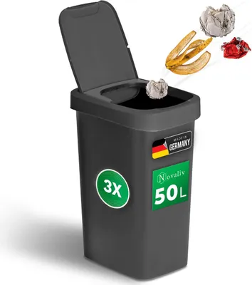 Produktbild von Novaliv 3er-Set Mülleimer 50L mit 2in1 Deckel, Klappdeckel & Schwingdeckel, Anti-Geruch Abfalleimer für Küche Haushalt Büro, Müll Eimer Abfall Trash Bin Kunststoff Abfallbehälter Mülltonne