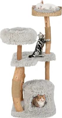 Produktbild von COSTWAY 124cm Kratzbaum Holz, Katzenbaum mit Kratzpfosten, Katzenhöhle, Plüschsitzfläche & Sitzplattform, Katzenmöbel, Katzenkratzbaum, Grau