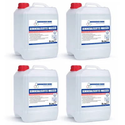 Produktbild von Ravensberger Chemie VE-Wasser – demineralisiert & entionisiert, kalkfrei für Auto, Batterie, Haushalt, Dampfbügeleisen und Labor - 4 x 5 Liter