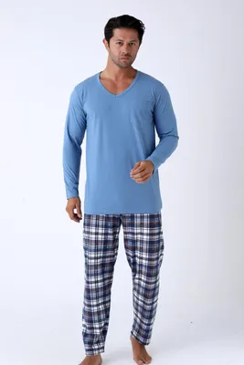 Produktbild von Herren Schlafanzug Langarm V-Ausschnitt 2-teiliges Pyjama-Set 100 % Baumwolle Gr. L–3XL
