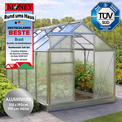Produktbild von BRAST Gewächshaus Aluminium mit Fundament | 310x190x195cm | 6mm Hohlkammerplatten | rostfrei wetterfest temperaturbeständig | Silber
