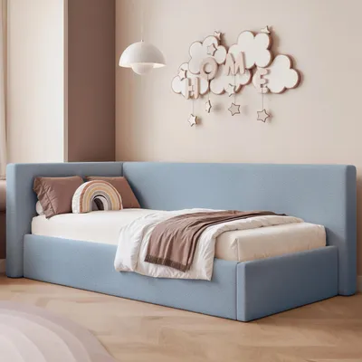 Produktbild von Eckbett Jugendbett Sampre 100x200 cm Blau Links Strukturstoff – Bettkasten, Metalllattenrost