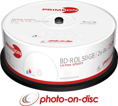 Productafbeelding van BD-R DL 50GB/2-8x, Ultra Speed, verpakking met 25 schijven, geschikt voor fotodruk op de schijf, inkjet-printbaar oppervlak in volledig formaat