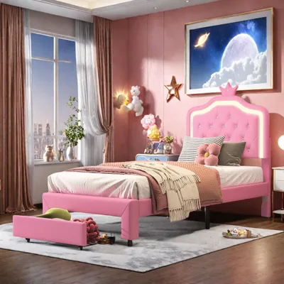 Image de ProximaX Lit rembourré 90x200 cm en cuirPolyuréthanerose avec éclairage LED & tiroir au pied - Lit simple moderne pour chambre à coucher & chambre d'adolescents