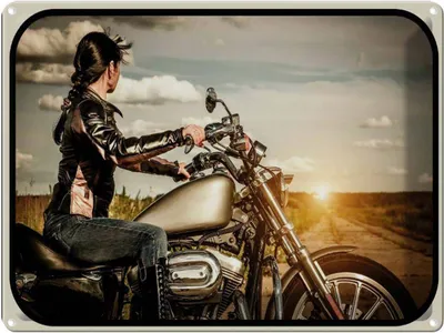 Produktbild von vianmo Blechschild 30x40 cm Motorrad Frau Girl Sonnenaufgang Bildmotiv