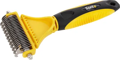 Immagine prodotto di spazzola per cani lionto bifacciale, spazzola per sgrassamento e sottopelo con lame in acciaio inox, manico ergonomico, giallo/nero