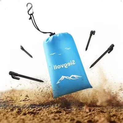 Image de Tapis de plage confortable - 210 x 200 cm - Imperméable - Ultra-léger - Couverture de pique-nique pour la plage et le camping - Avec attaches et poignée de transport - Bleu
