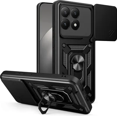 A black phone case with a camera cover and ring holder is displayed against a white background. Another case is shown in the foreground, angled to reveal its features.