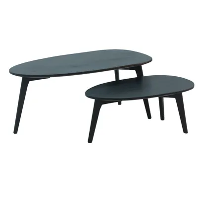 Produktbild von Design Couchtisch 2er Set Mango Massivholz Wohnzimmertisch Schwarz, Satztisch Holztisch Nierenform Kaffeetisch, Retro Tischset 2-teilig Beistelltisch Holz