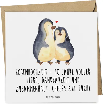 Produktbild von Mr. & Mrs. Panda Glückwunschkarte 10. Hochzeitstag Rosenhochzeit - Weiß - Geschenk, Hochzeitsjubiläum, Jubiläum, Heirat, anlasskarte, Klappkarte, Ehejubiläum, doppelkarte