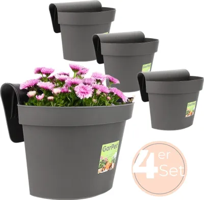 Produktbild von 4x Geländertopf Balkon mit Wasserspeicher Blumentopf Zaun Blumenkasten Geländer Geländerkasten Balkontopf Balkonkasten Anthrazit