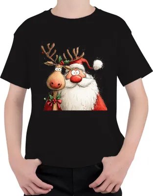 Produktbild von Weihnachtsmann Rentier rote Nase lustig Weihnachten Geschenk Uni Kinder T-Shirt, Schwarz, 140