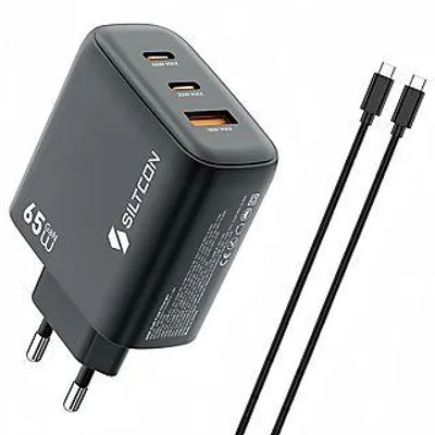 Produktbild von Siltcon® 3-in-1 USB-C Schnellladegerät 65W – 2x USB-C PD 65W & 1x USB-A 22,5W – GaN Ladegerät – geeignet für Samsung, iPhone, Laptops & Tablets – inkl. 2m USB-C Kabel